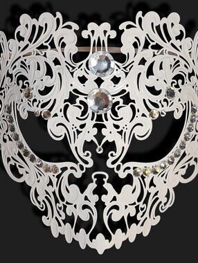 White Crystal Metal Skull Masquerade Mask Filigree ElasticStrap 9x7.5 Adjustable